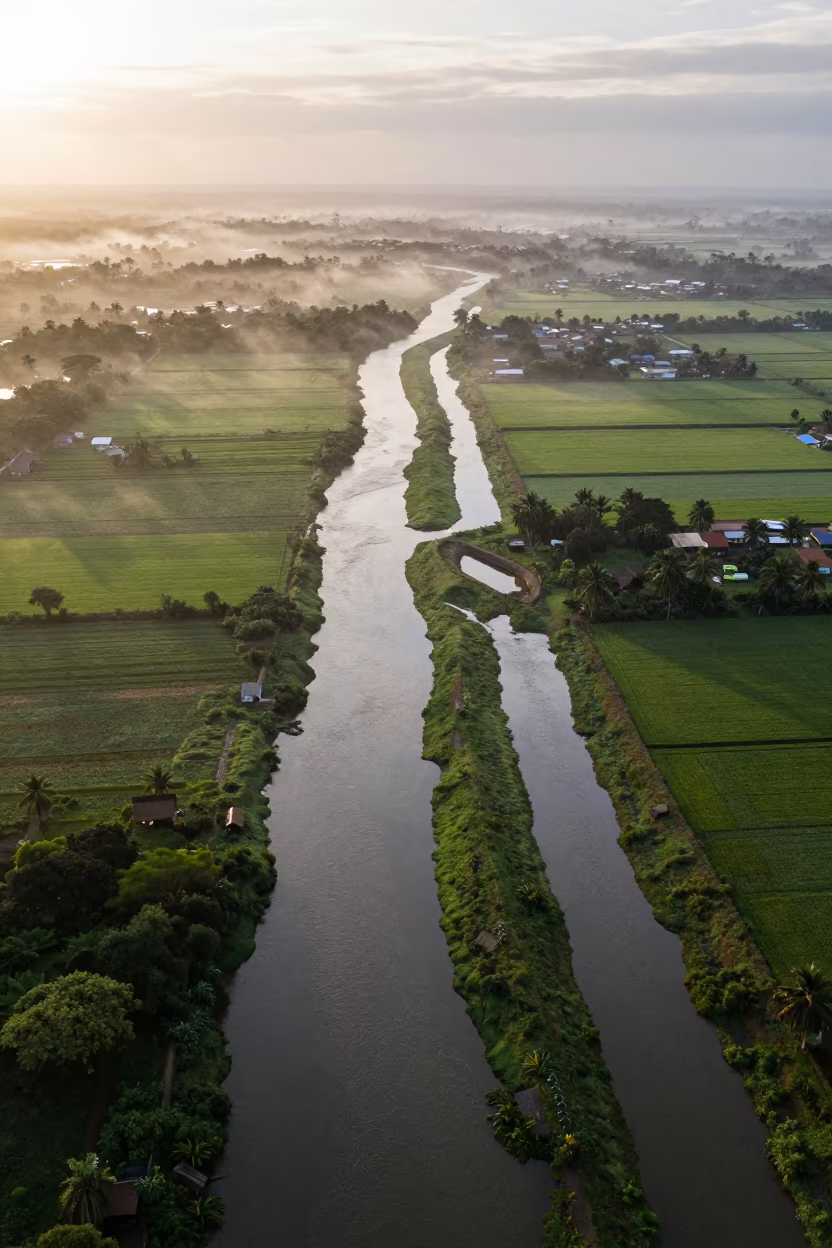 Aerial River Delta Morning Rain Haze Bertoua in high above irrigation geometry near Bertoua