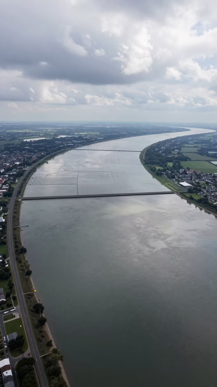Aerial River Delta Over Salt Ponds in high over salt ponds and causeways near Dortmund