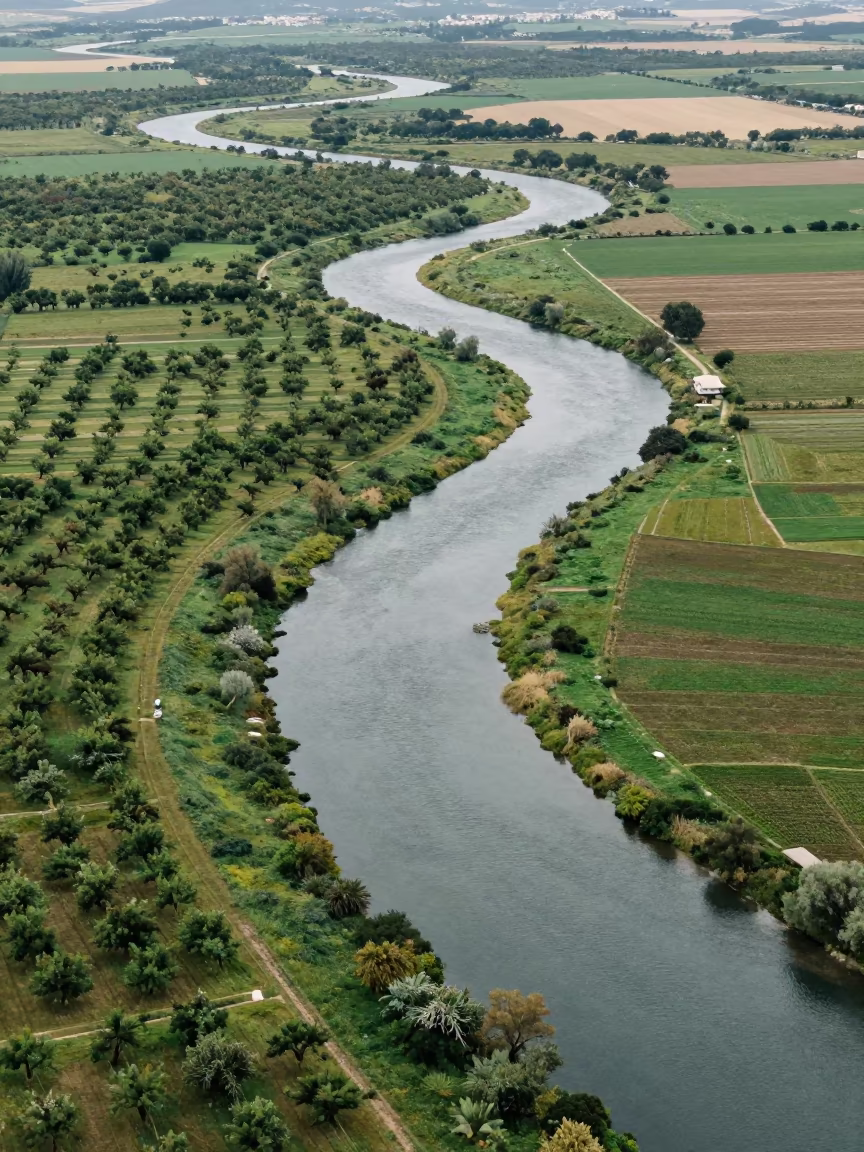 Aerial River Green Marsh Greek Islands in far above orchard blocks and irrigation lines in the Greek Islands