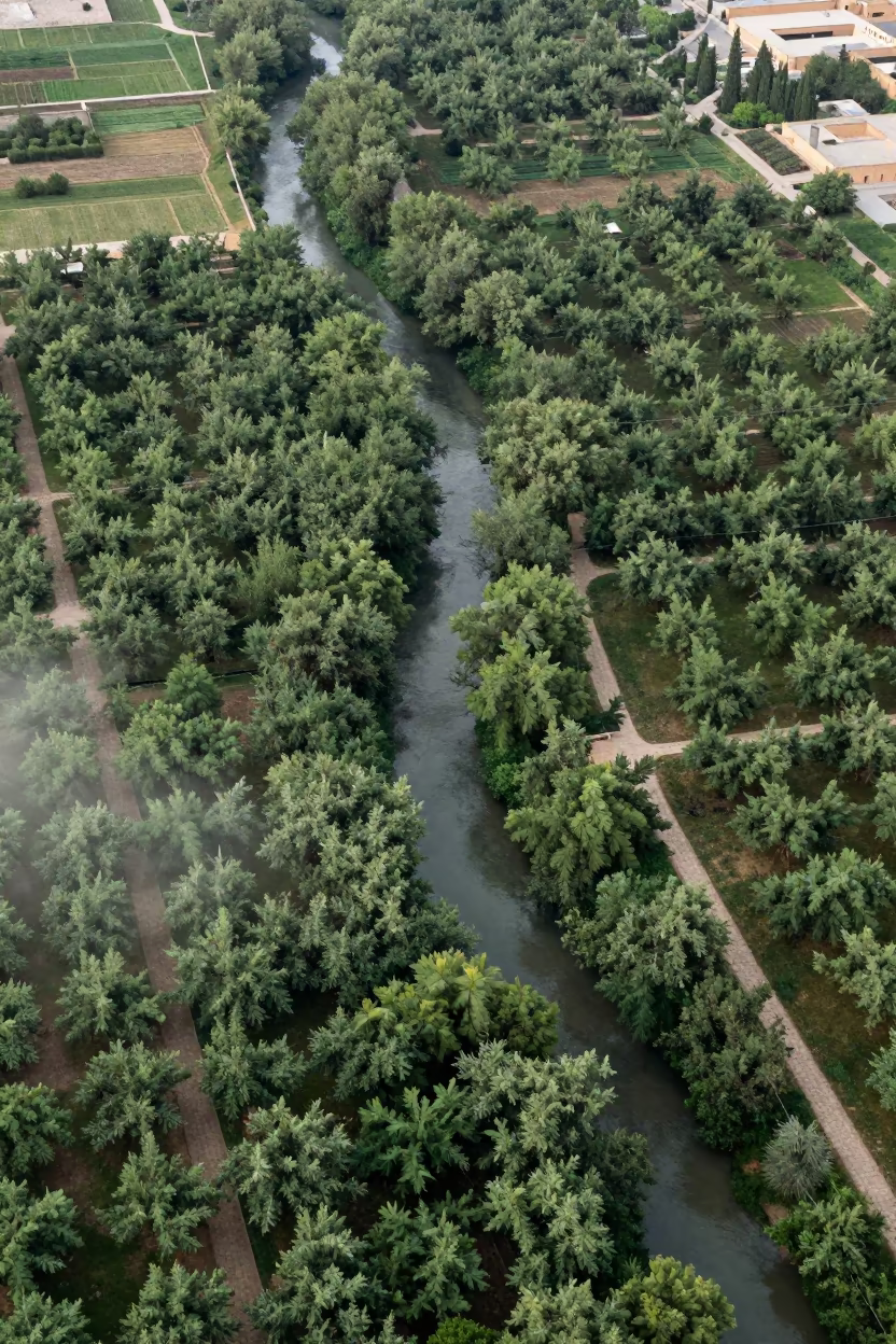 Aerial River Through Isfahan Orchard Canopy in far above orchard blocks and irrigation lines near Isfahan