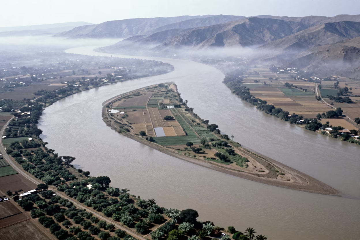 Aerial River Islands Eritrea Mist in far above orchard blocks and irrigation lines in Eritrea