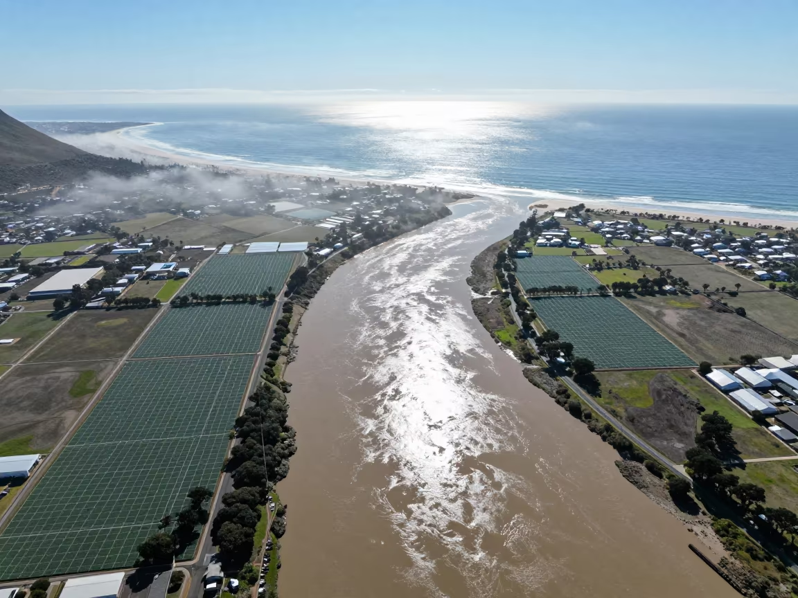 Aerial River Meets Ocean Near Cape Town Greenhouses in high over greenhouse grids near Cape Town