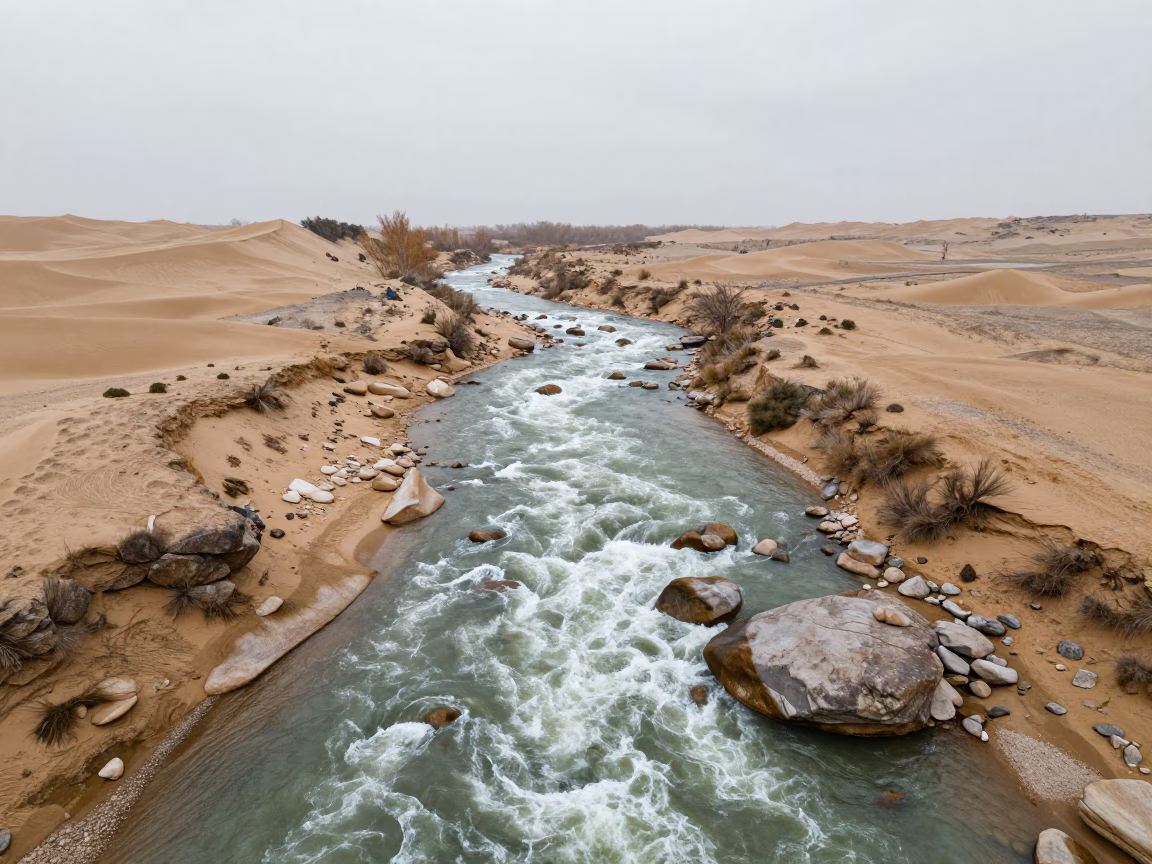 Aerial River Rapids Foam Through Dunes Jizzakh in above dune fields and dry wadis near Jizzakh