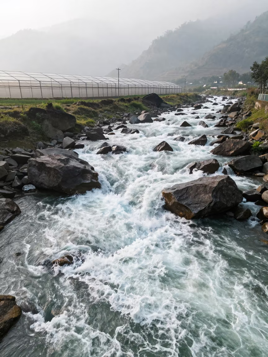 Aerial River Rapids Over Nepal Greenhouse Grids in high over greenhouse grids in Nepal