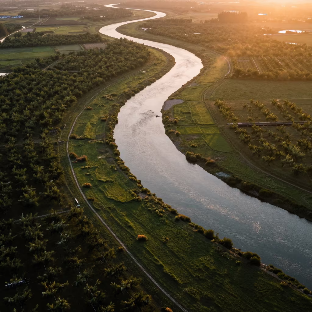 Aerial River Through Sichuan Orchards in far above orchard blocks and irrigation lines in Sichuan