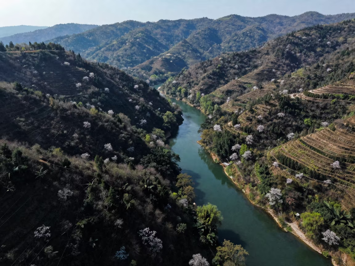 Aerial River Snaking Through Forest Canopy Near Chengdu in far above terraced hillsides near Taikoo Li, Chengdu