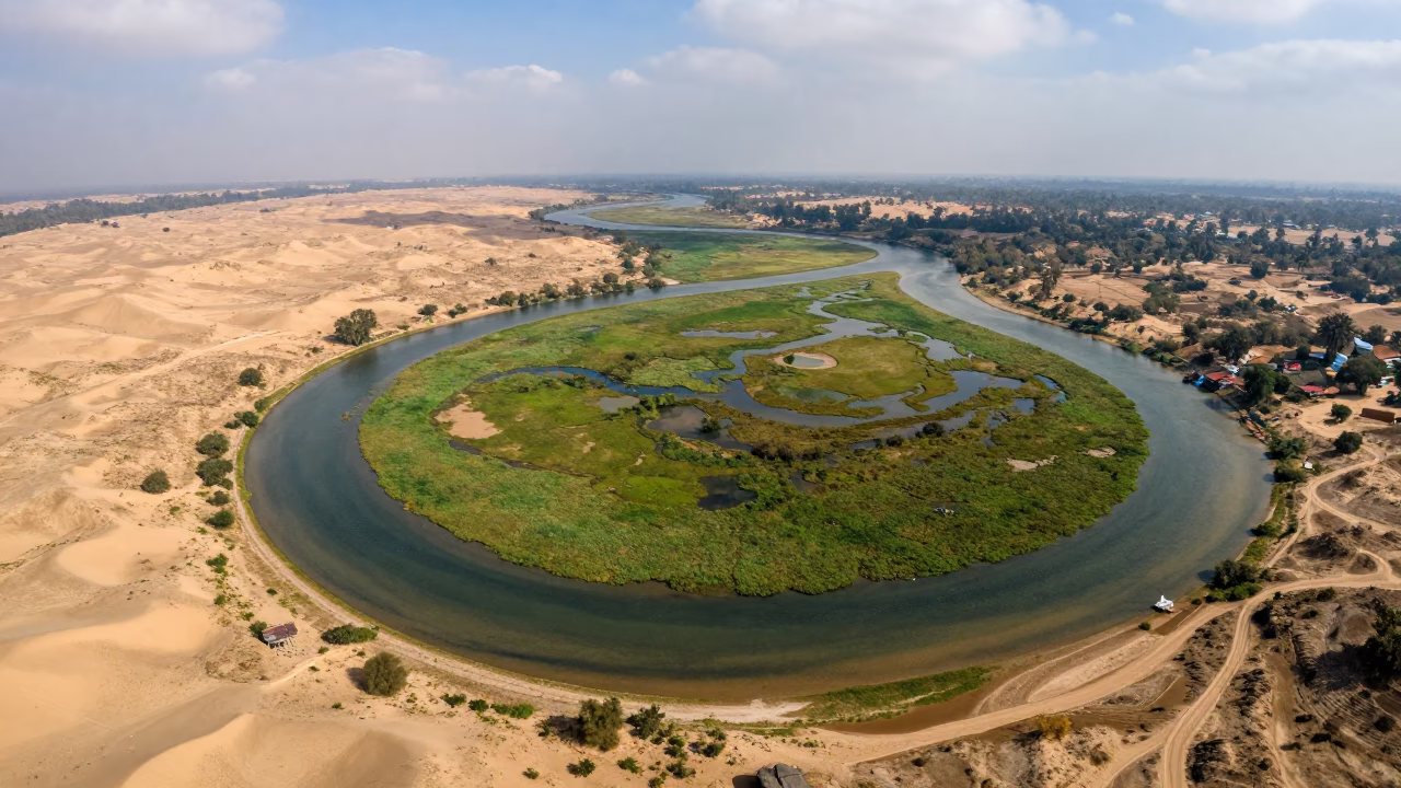 Aerial River View Through Green Marsh Near Lucknow in above dune fields and dry wadis near Lucknow