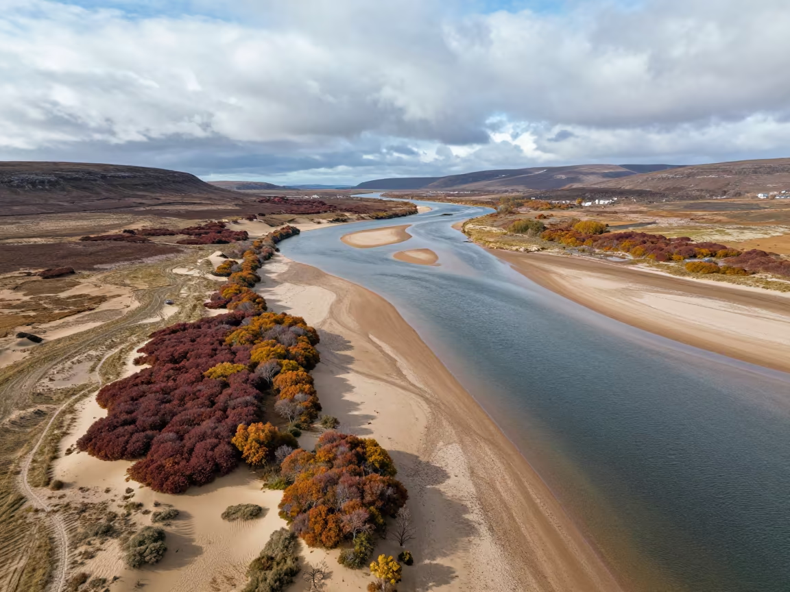 Aerial River View Over Scottish Dunes in above dune fields and dry wadis in the Scottish Isles