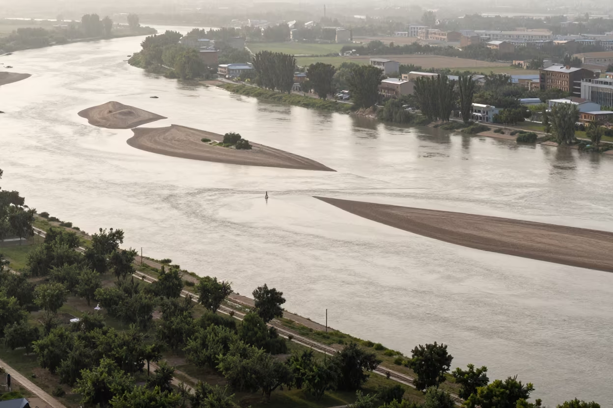 Aerial River View with Sandbars and Islands Near Mosul in far above orchard blocks and irrigation lines near Mosul