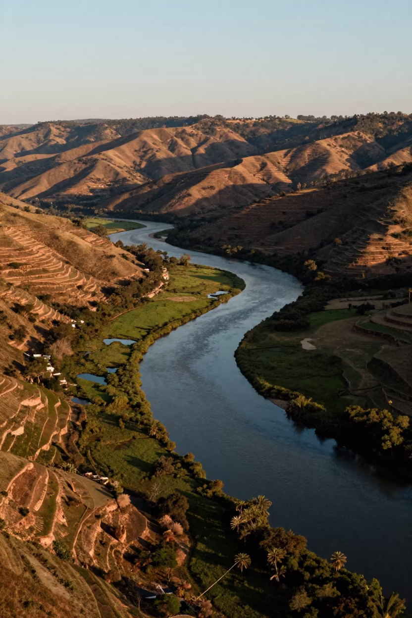 Aerial River View Over Tlaquepaque Marshlands in far above terraced hillsides near Tlaquepaque