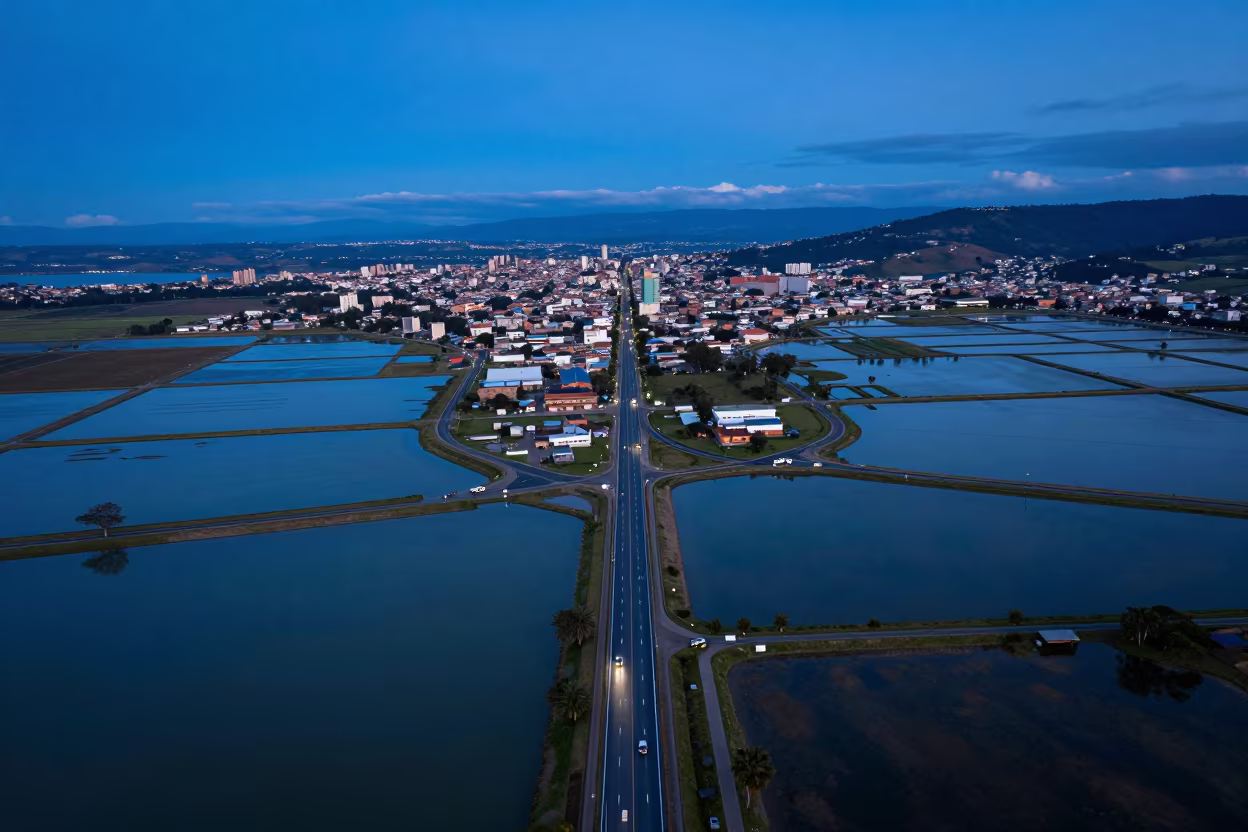 Aerial Road Network Over Salt Ponds Ambato Wet Season in high over salt ponds and causeways near Ambato