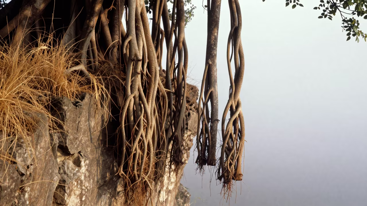 Aerial Roots of Banyan Tree Cliff Edge in along a salt-sprayed cliff edge near Solapur
