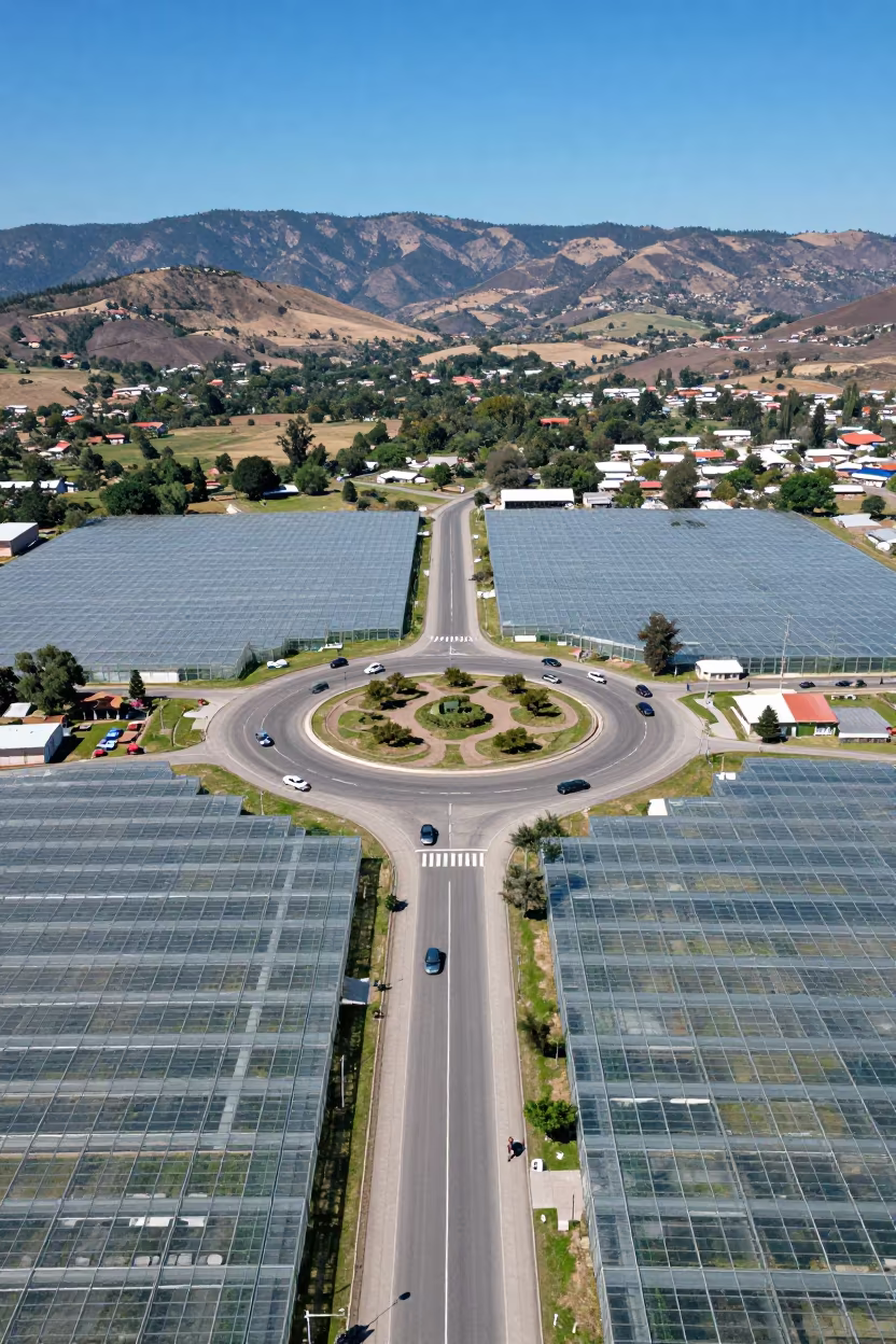 Aerial View of Roundabout Traffic Near Mixco Greenhouses in high over greenhouse grids near Mixco