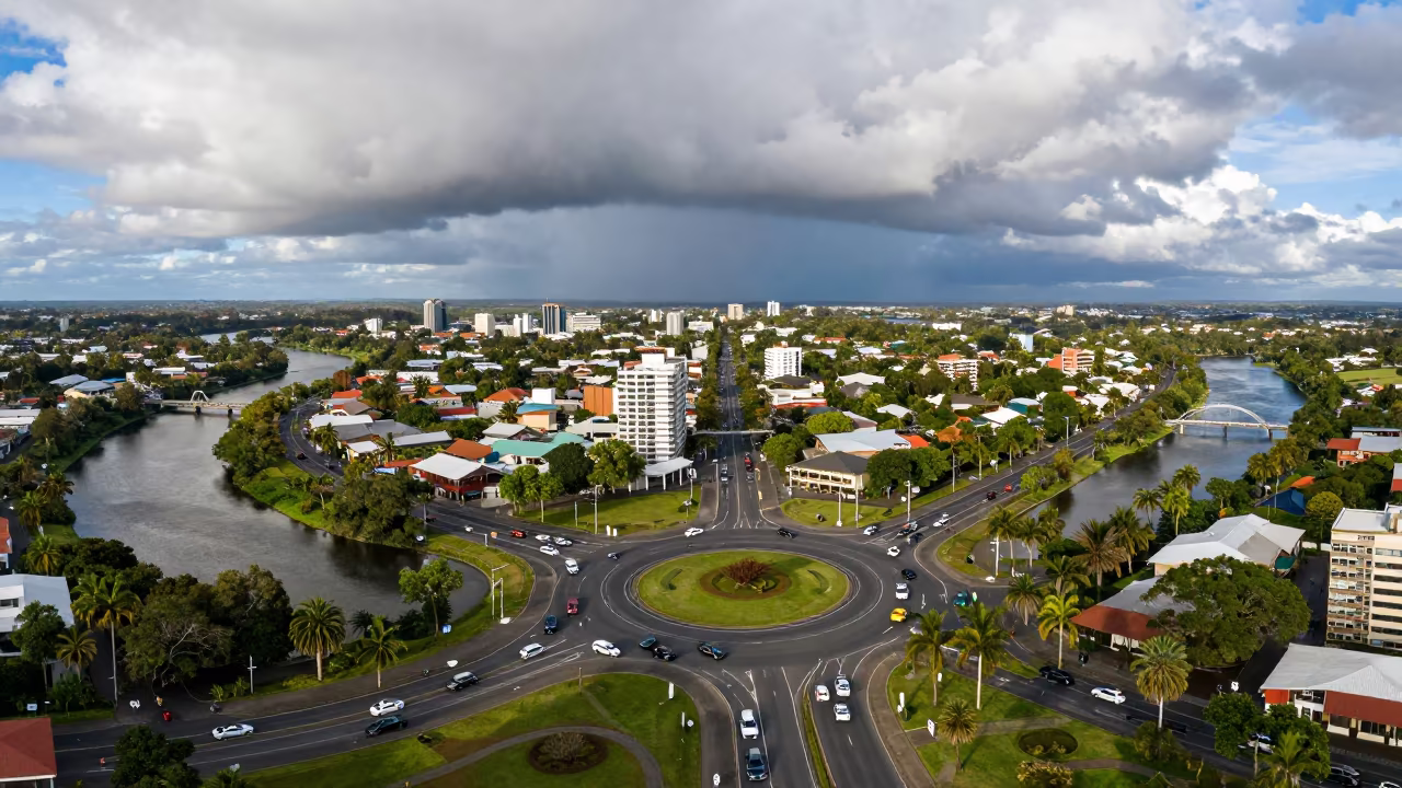 Aerial Roundabout Traffic River Wollongong in far above river meanders near Wollongong