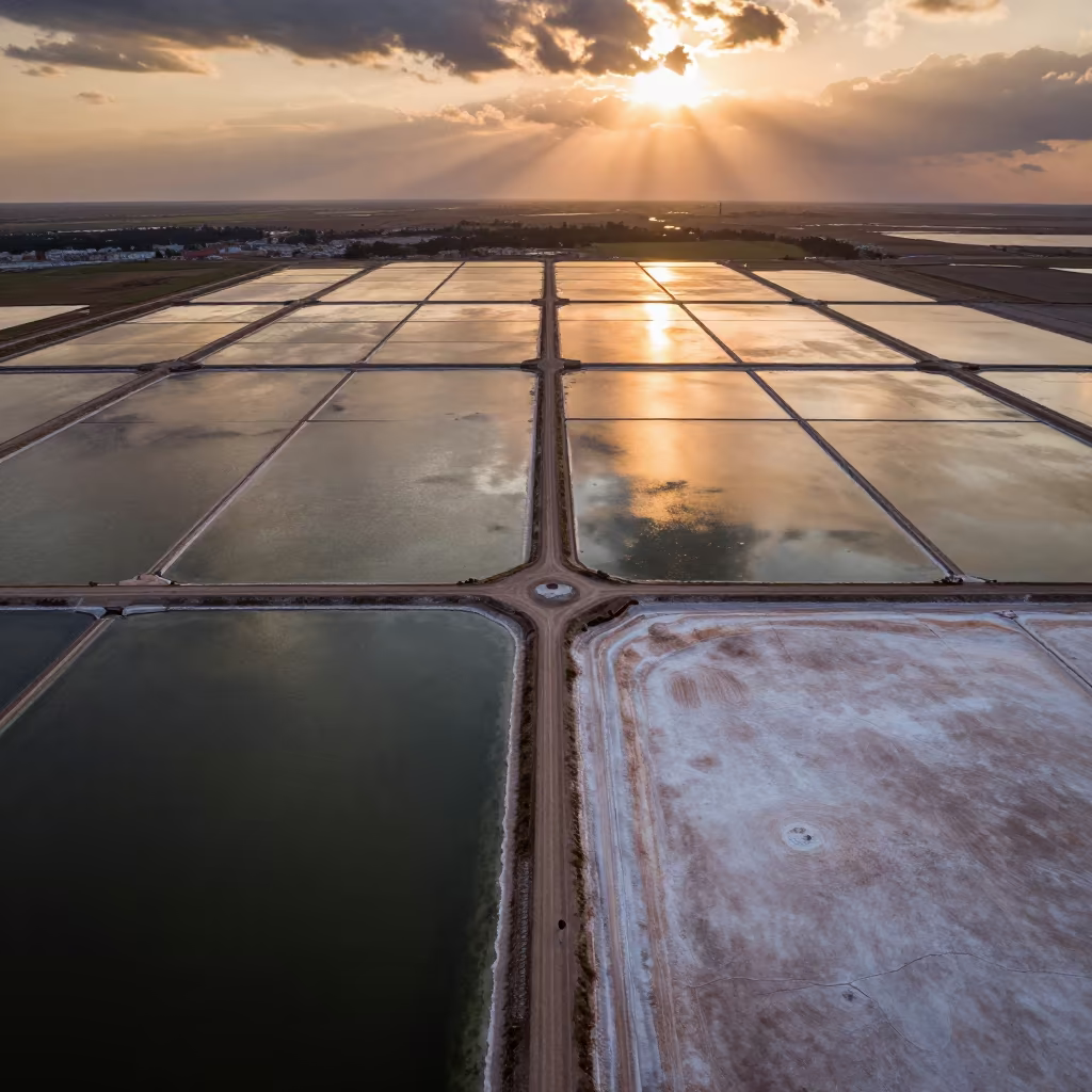 Aerial Rows of Salt Ponds Under Golden Dusk in high over salt ponds and causeways near Makhachkala