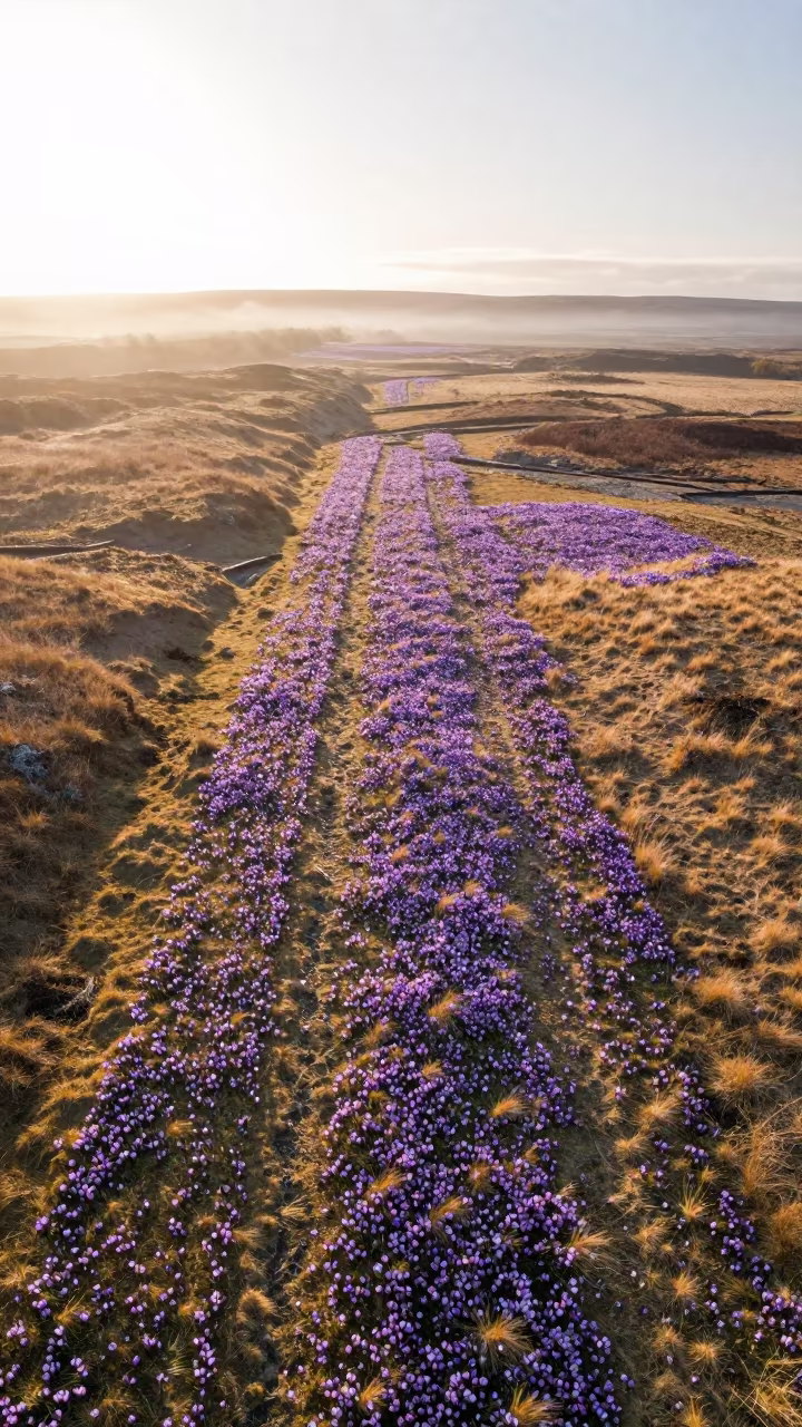 Aerial Saffron Crocus Fields at Dawn in Scotland in above dune fields and dry wadis in Scotland