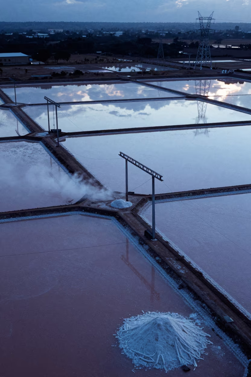 Aerial Salt Mine Pools Evening Light in under gantries and utility towers near San Fernando de Apure