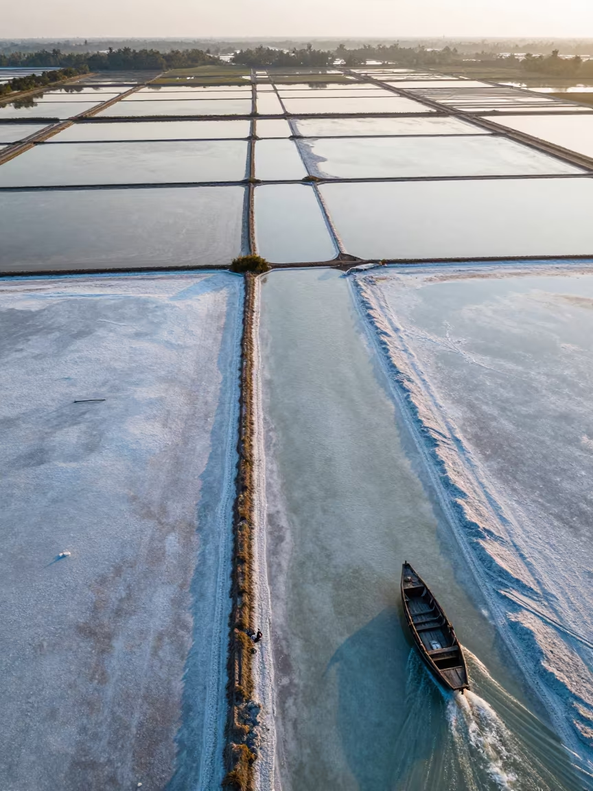 Aerial Salt Pans Mekong Delta Dawn in in the Mekong Delta