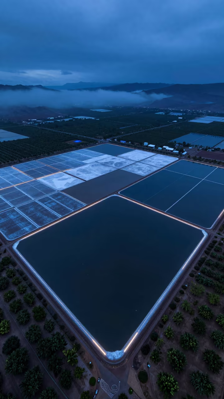 Aerial Salt Ponds at Blue Hour in Rift Valley in far above orchard blocks and irrigation lines in the Rift Valley