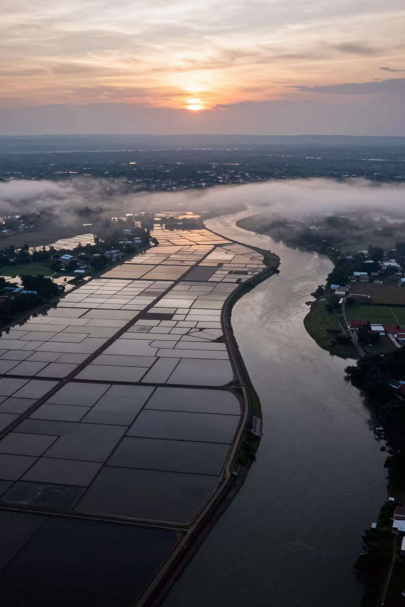 Aerial Salt Ponds Borneo River Monsoon Fog in far above river meanders in Borneo