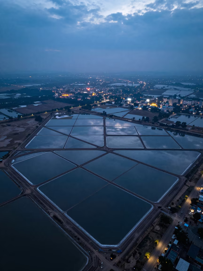 Aerial Salt Ponds Above City Lights at Twilight in high above patterned rooftops near Sangli