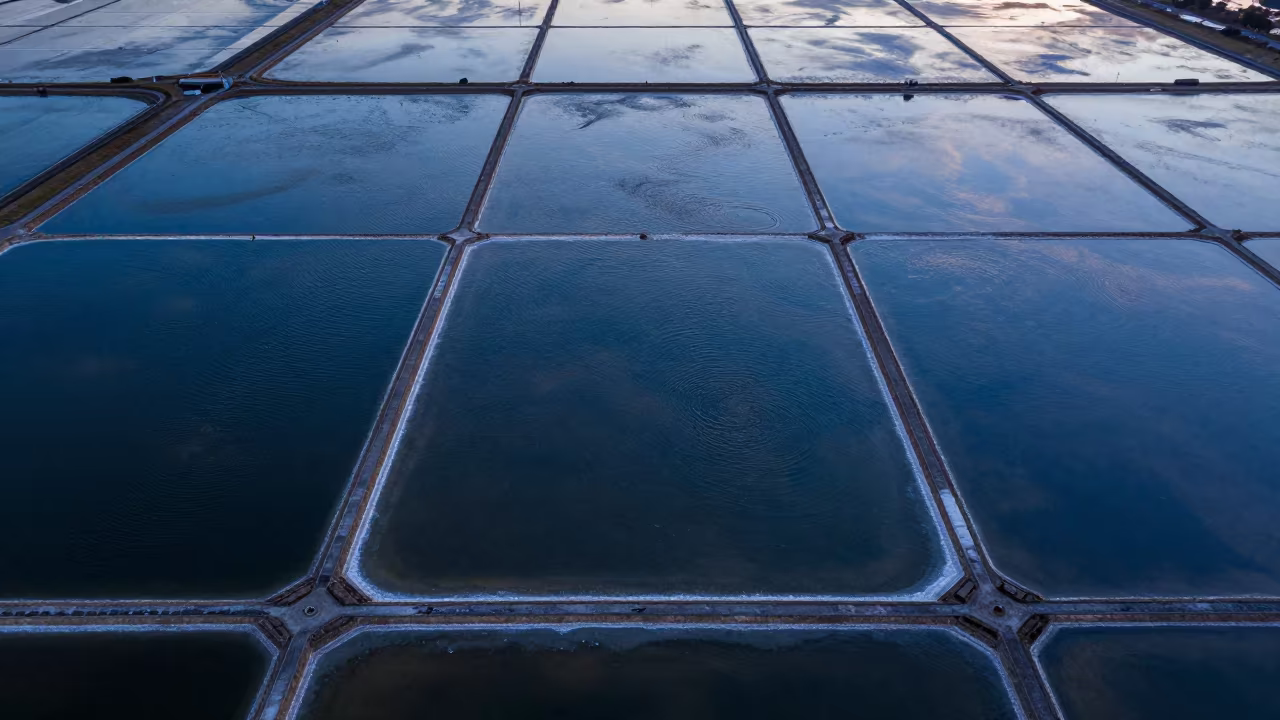 Aerial Salt Ponds Georgia Blue Hour in far above river meanders in Georgia