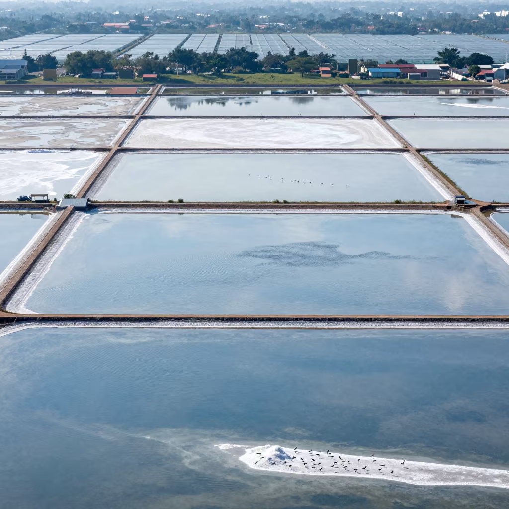 Aerial Salt Ponds Greenhouse District 3 in high over greenhouse grids near District 3, Ho Chi Minh City
