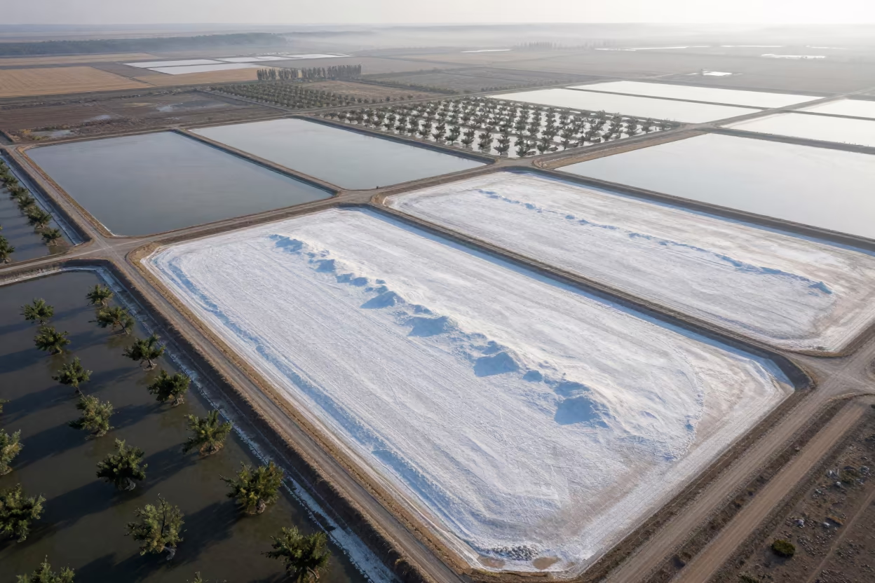 Aerial Salt Ponds Moldova Late Afternoon in far above orchard blocks and irrigation lines in Moldova