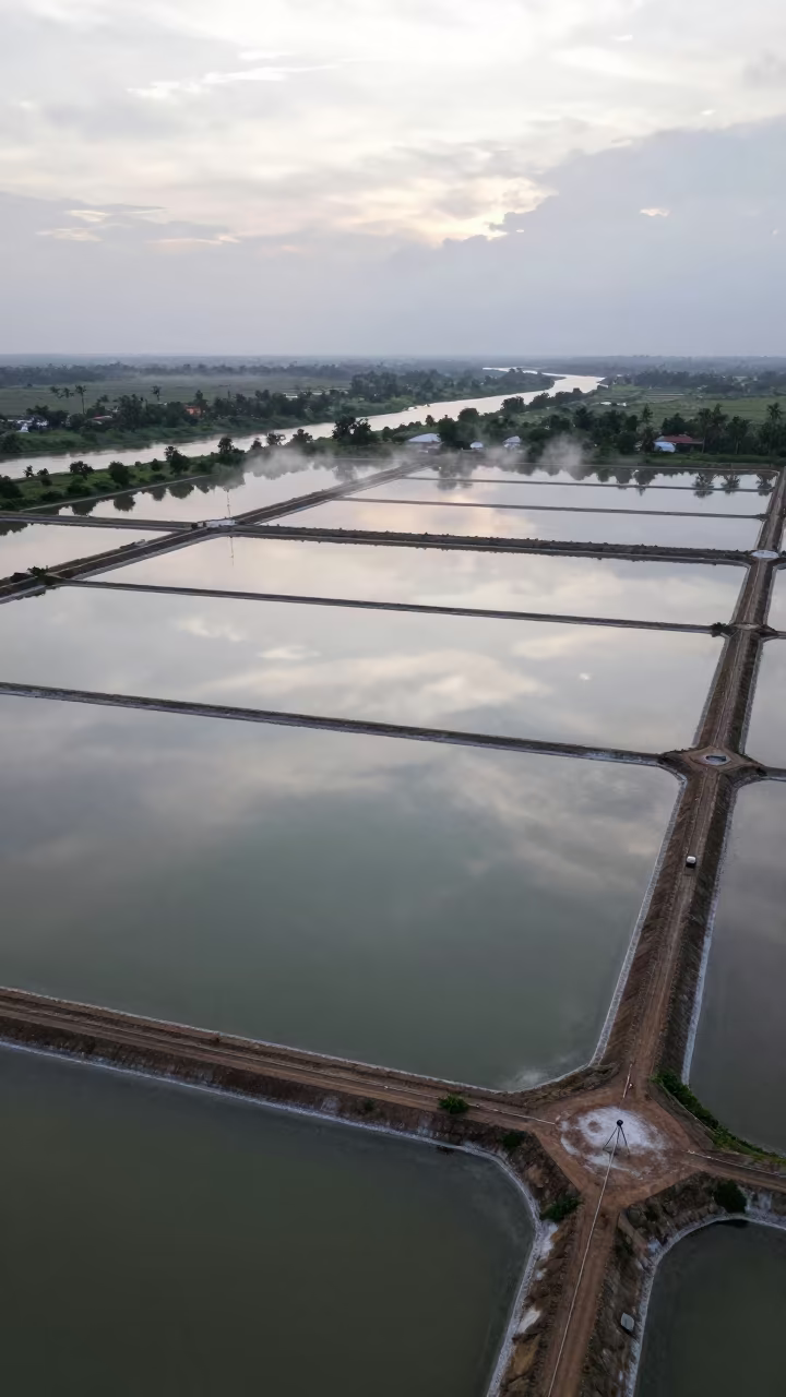 Aerial Salt Ponds Monsoon Bidar in far above river meanders near Bidar