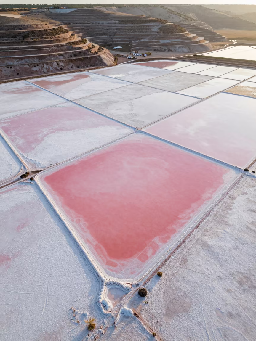 Aerial Salt Ponds Pink White Arizona in far above terraced hillsides in Arizona