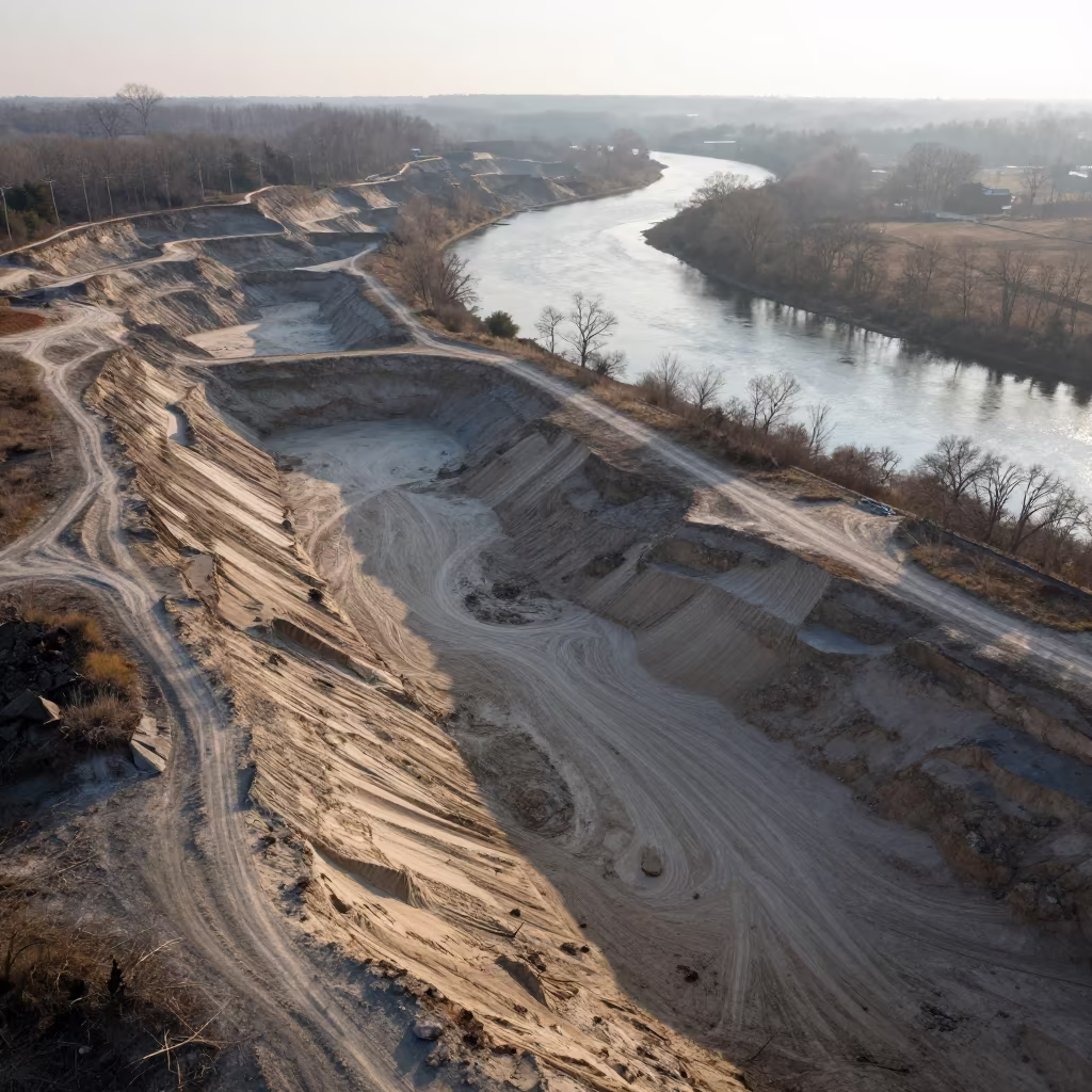 Aerial Sand Pit Beside River Meander in far above river meanders near New York