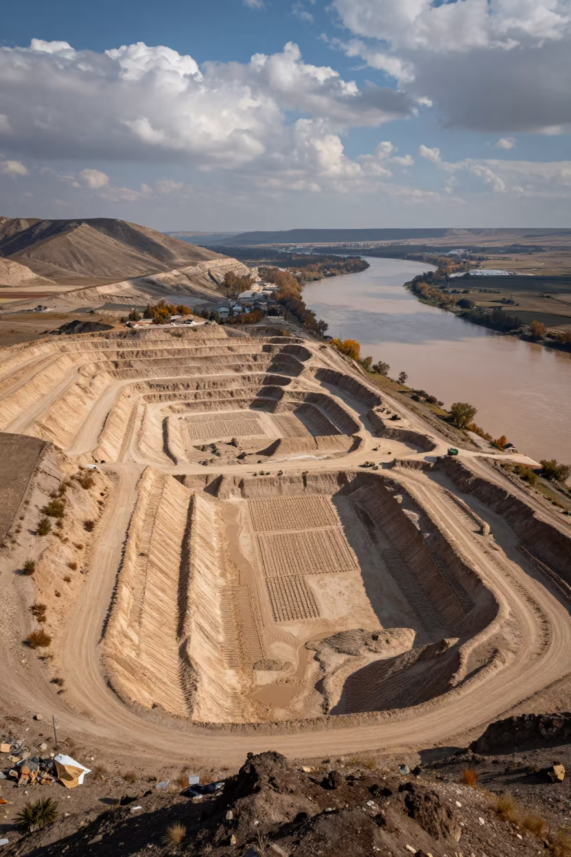 Aerial Sand Pit and River Near Kahramanmaraş in high above irrigation geometry near Kahramanmaraş