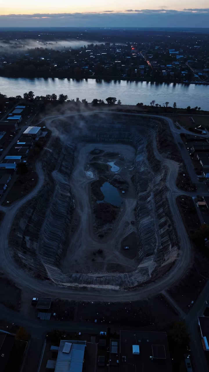 Aerial sand pit river silhouette blue hour in high above patterned rooftops near Chatham-Kent