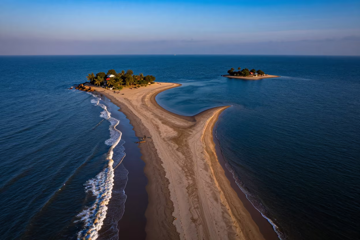 Aerial View of Sandbar Between Islands at Blue Hour in far above surf-scalloped coastline near Paharganj, Delhi