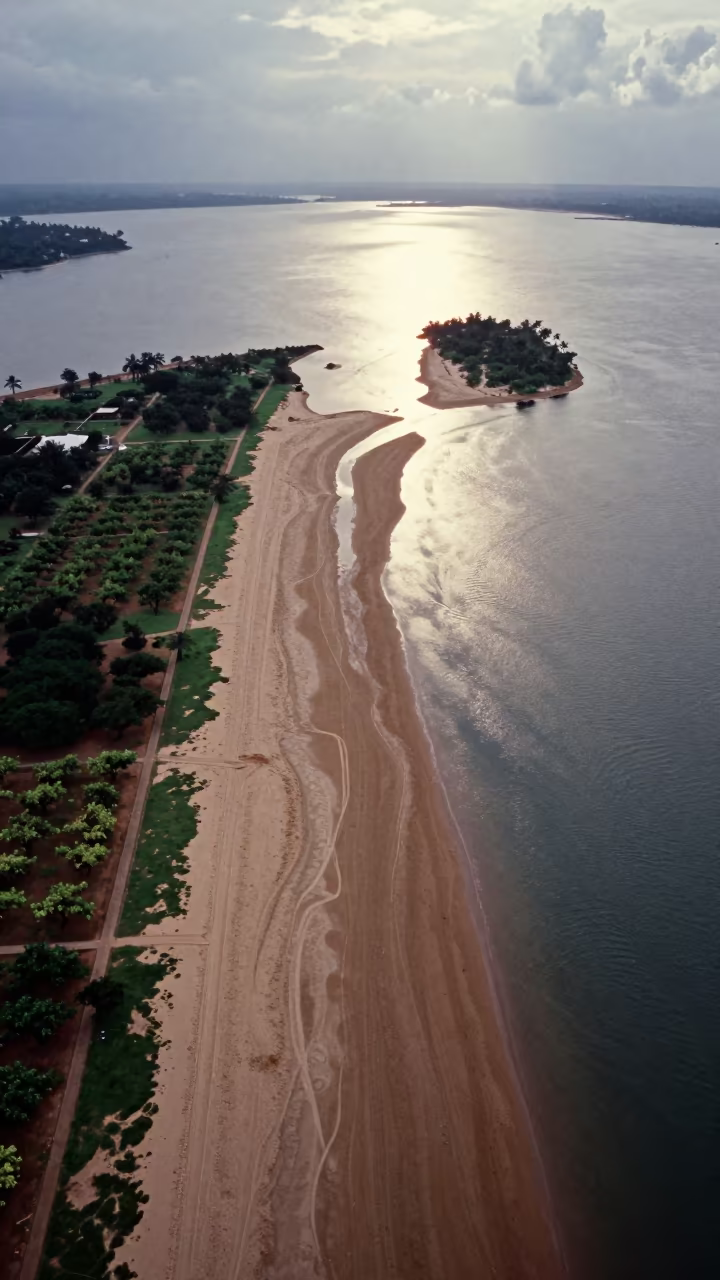 Aerial Sandbar Linking Islands Near Kinshasa in far above orchard blocks and irrigation lines near Kinshasa