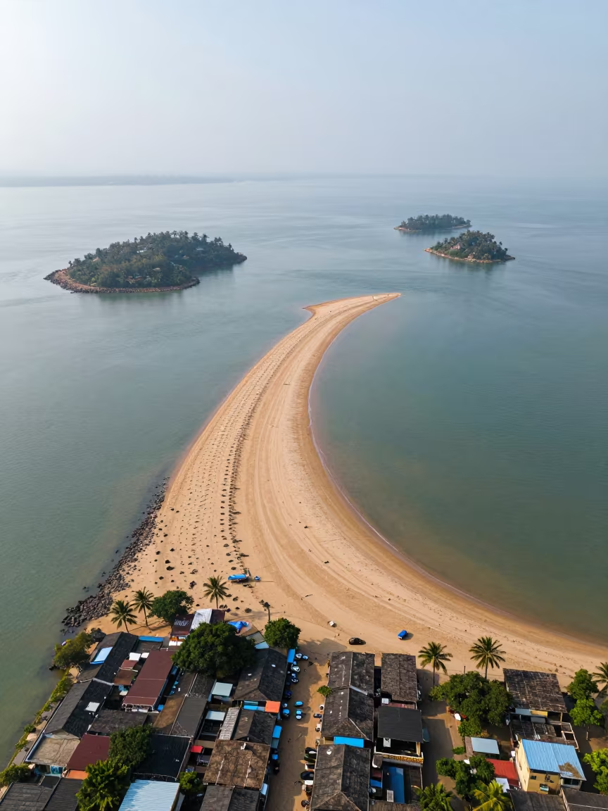 Aerial Sandbar Linking Islands Above Patterned Roofs in high above patterned rooftops in Andhra Pradesh