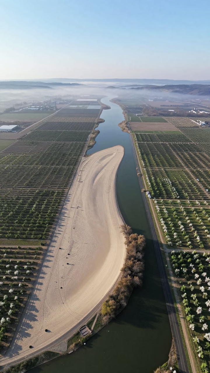 Aerial Sandbar Over Bulgarian Orchard Blocks in far above orchard blocks and irrigation lines in Bulgaria