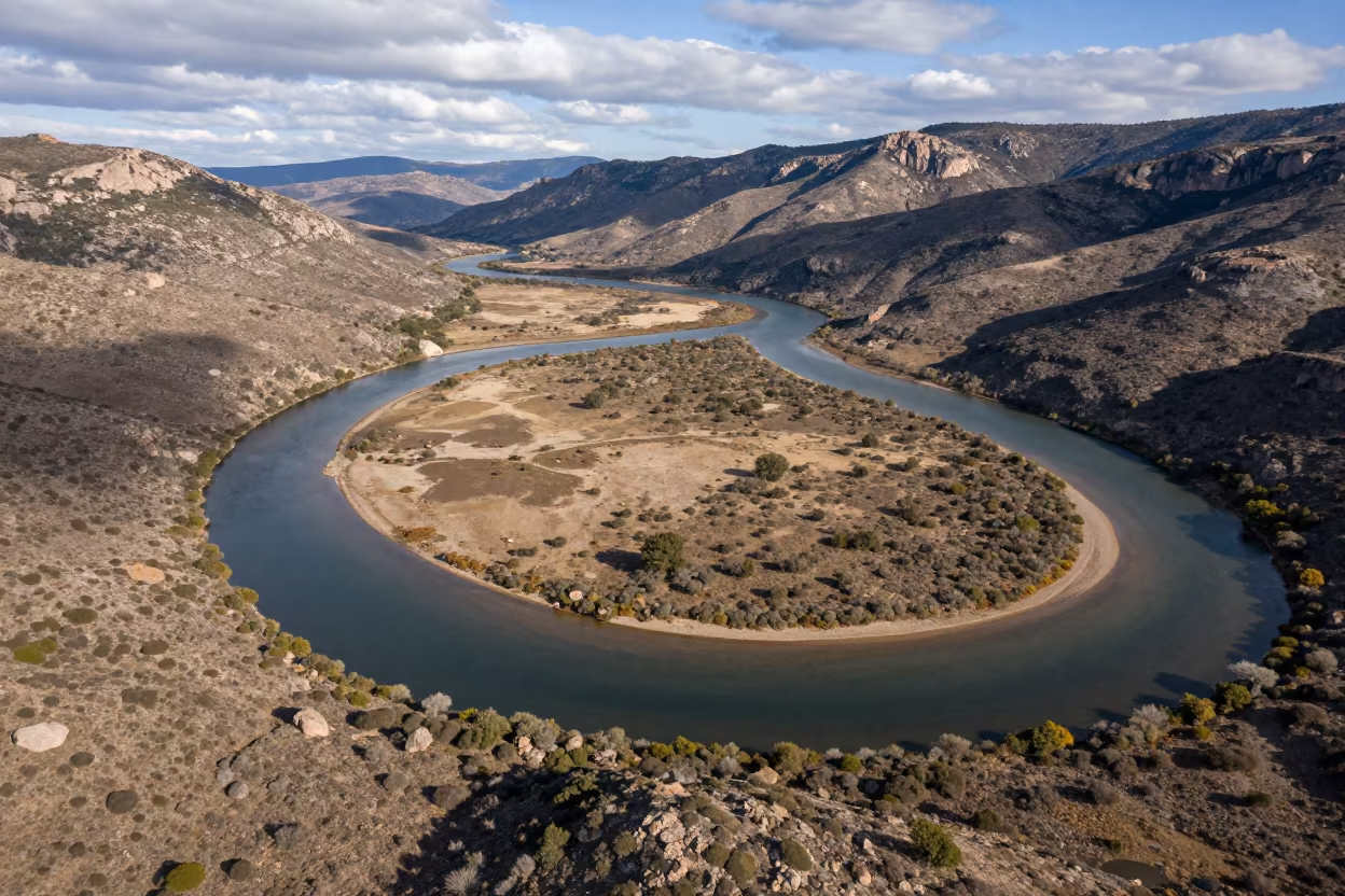 Aerial Sardinian River Meanders Late Autumn in far above river meanders in Sardinia