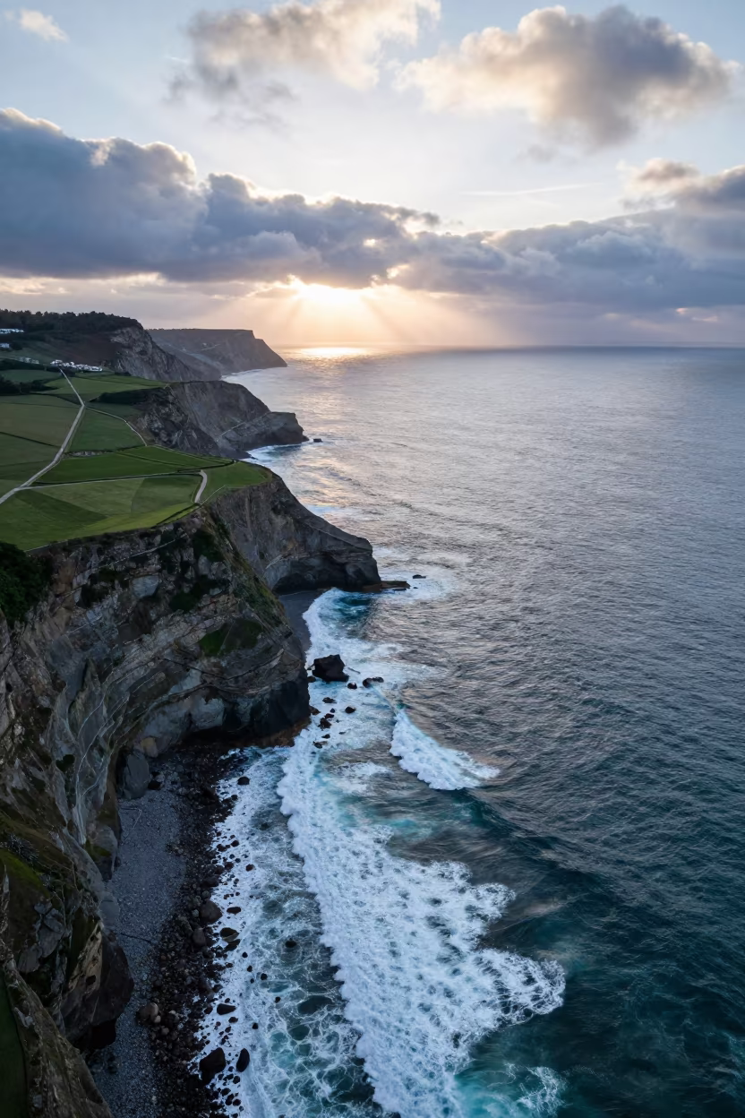 Aerial Sea Cliffs and Irrigation Geometry at Dawn in high above irrigation geometry near Porto