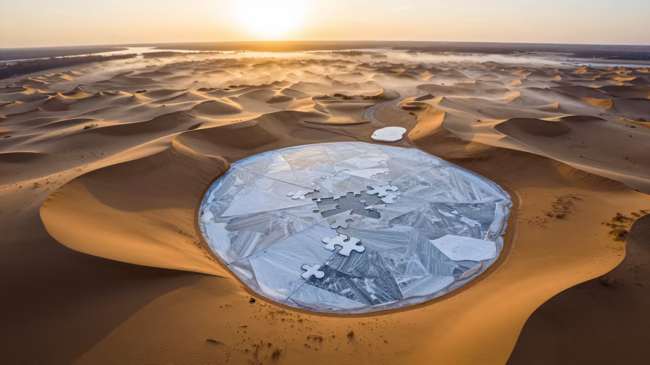 Aerial Sea Ice Puzzle Over Russian Dunes in above dune fields and dry wadis in Russia