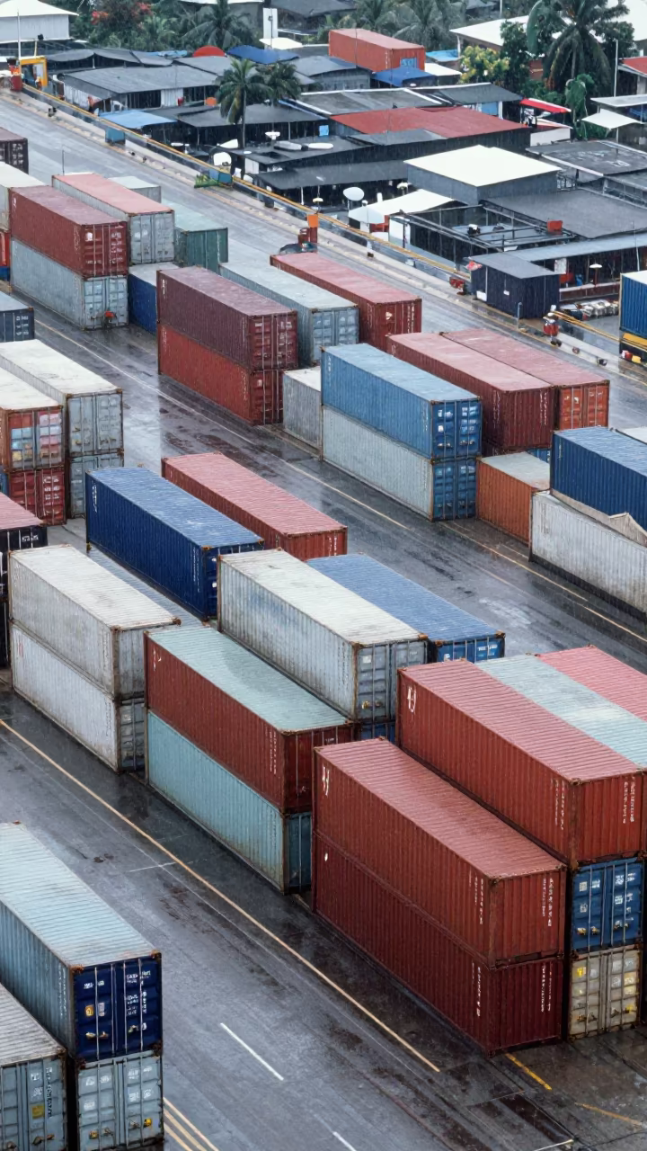 Aerial Shipping Port Mumbai Rainy Noon in high above patterned rooftops near Mumbai