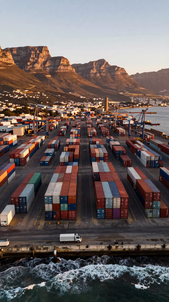 Aerial Shipping Port Sunset Amber Woodstock Cape Town in far above surf-scalloped coastline near Woodstock, Cape Town
