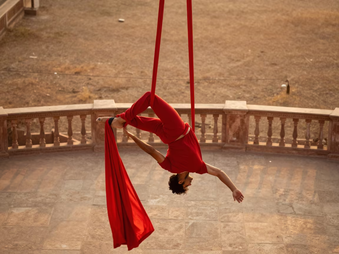 Aerial Silks Performer Descends on Ahmedabad Pier in on a pier railing in Ahmedabad