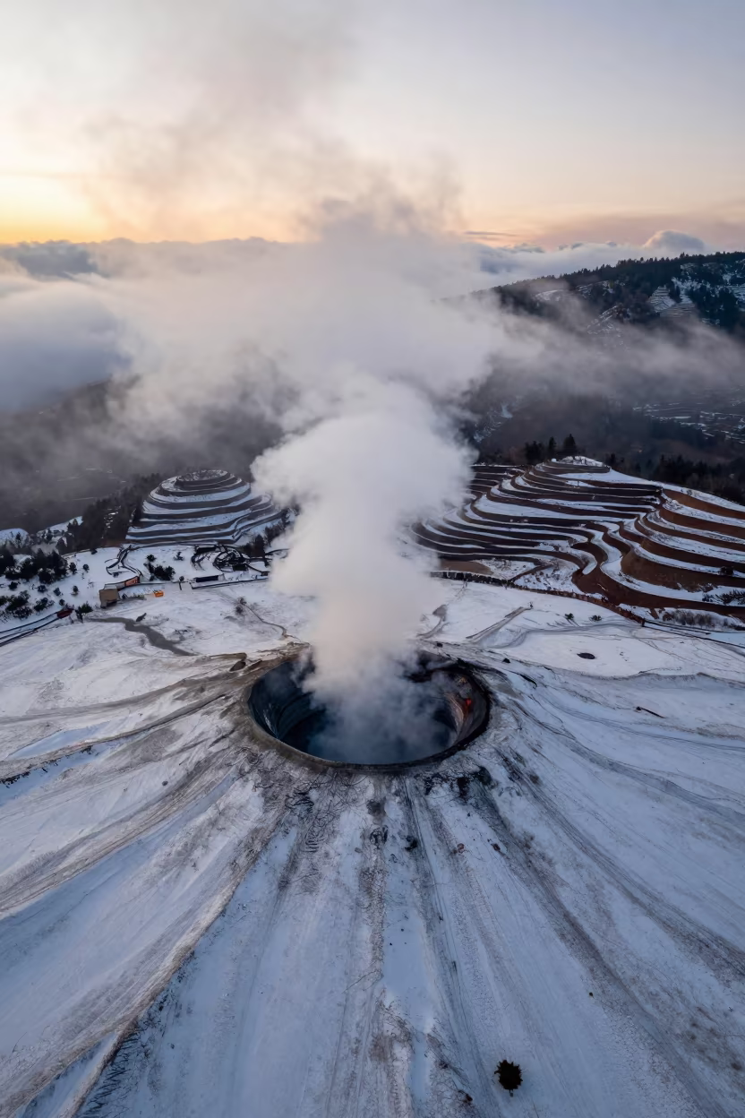 Aerial view of smoking volcanic vent in snowfield near La Paz in far above terraced hillsides near Witches' Market, La Paz