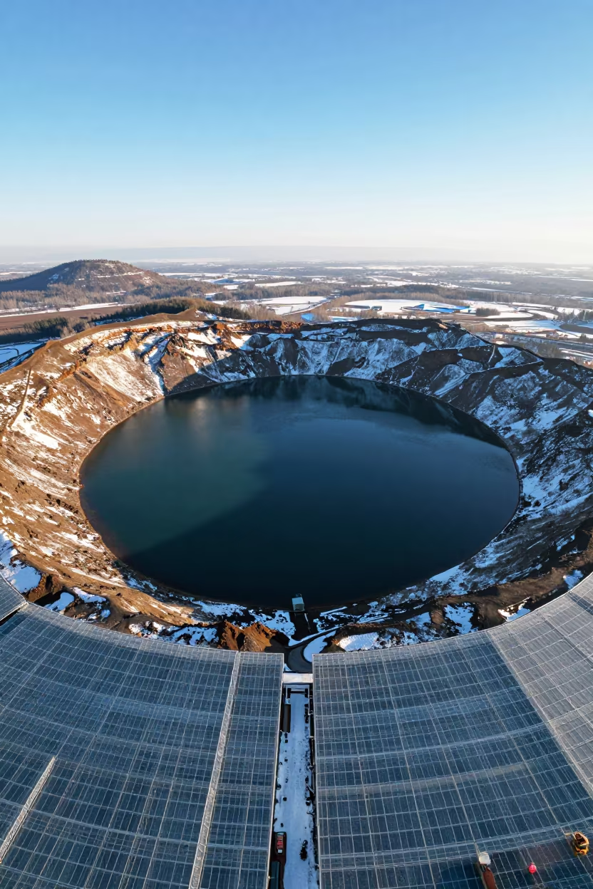 Aerial Snow Dusting on Volcanic Crater Lake in high over greenhouse grids near Almaty