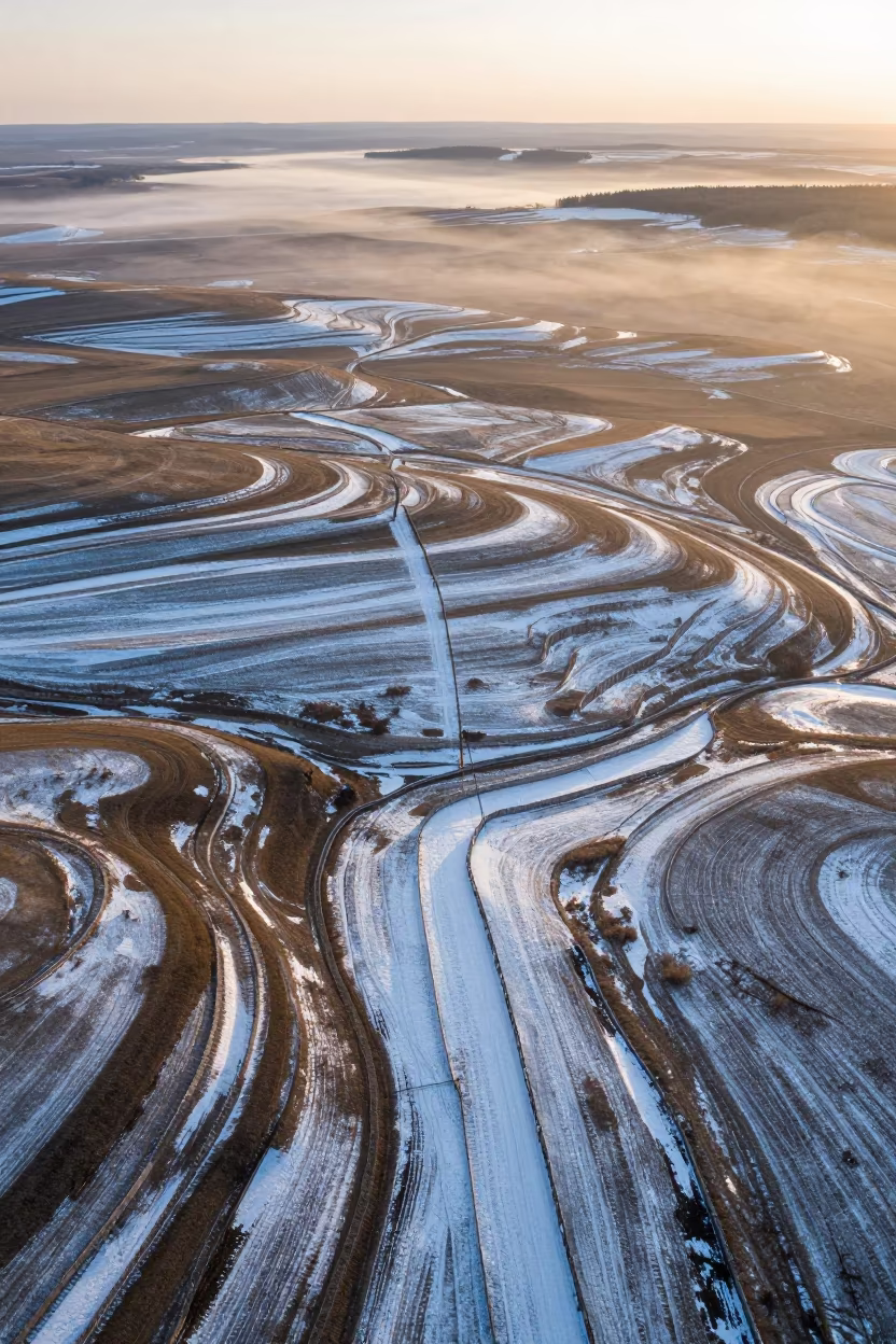 Aerial Snow Fences Prairie Thaw Horizon Light in far above terraced hillsides in Canada