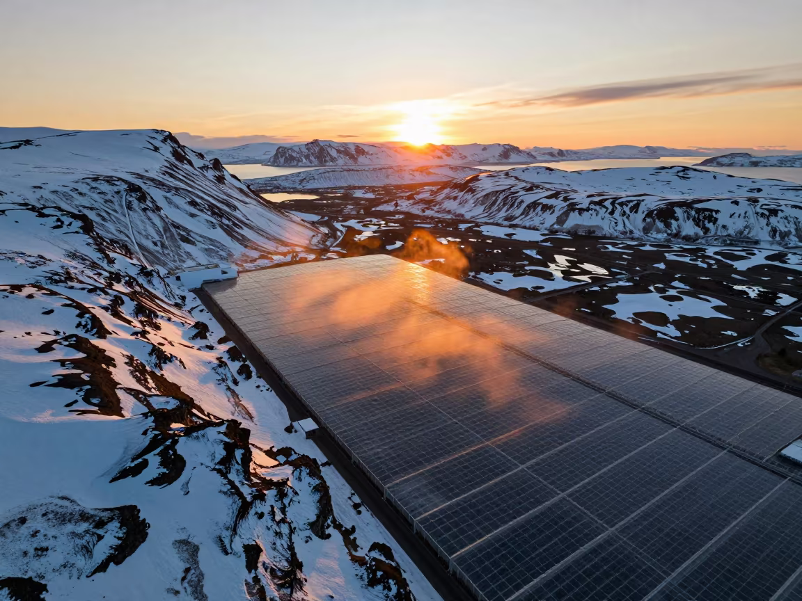 Aerial Snow Mountains Sunset Golden Hour Iceland in high over greenhouse grids near Reykjavik