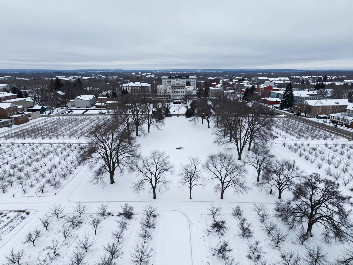 Aerial Snow Park Over Quebec Orchard Blocks in far above orchard blocks and irrigation lines in Quebec