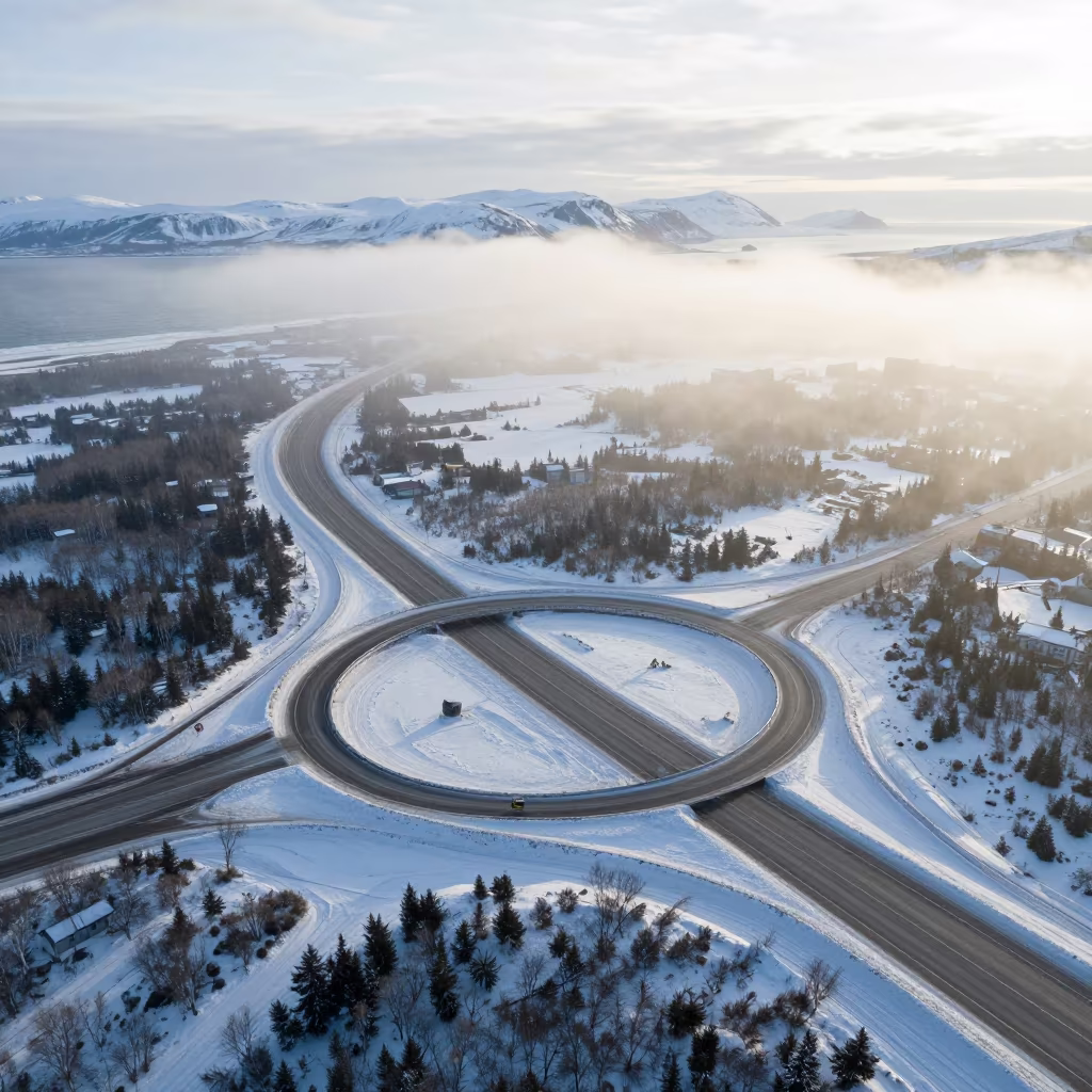 Aerial Snowy Cloverleaf Highway Near Anchorage Coast in far above surf-scalloped coastline near Anchorage