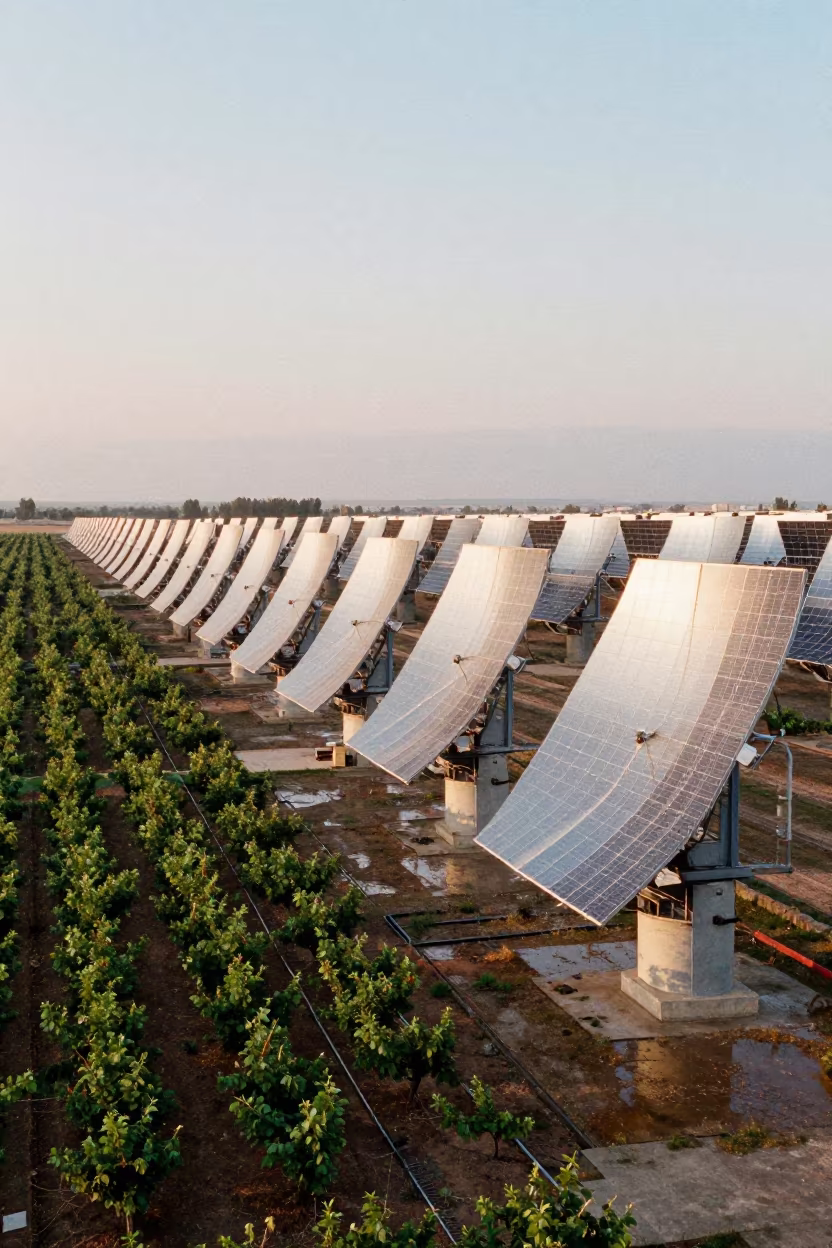 Aerial Solar Thermal Plant Near Bursa Orchard in far above orchard blocks and irrigation lines near Bursa